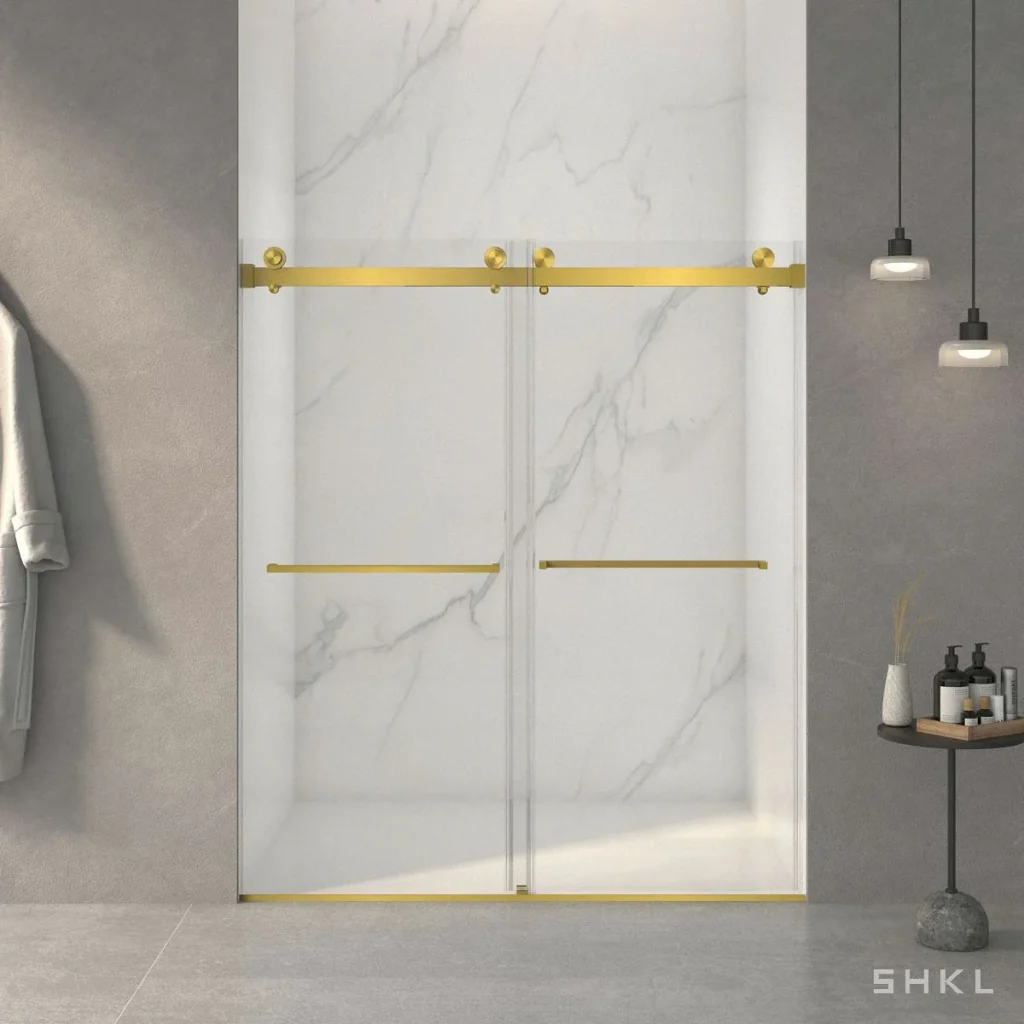Brushed Gold Frameless Double Sliding Shower Door, 8mm Tempered Glass