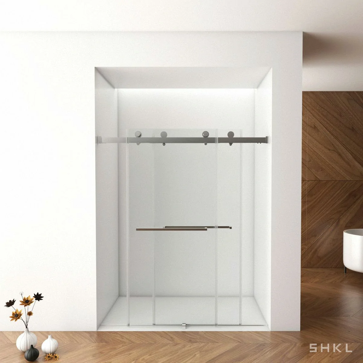 Brushed Nickel Frameless Sliding Shower Door, Premium 8mm Tempered Glass