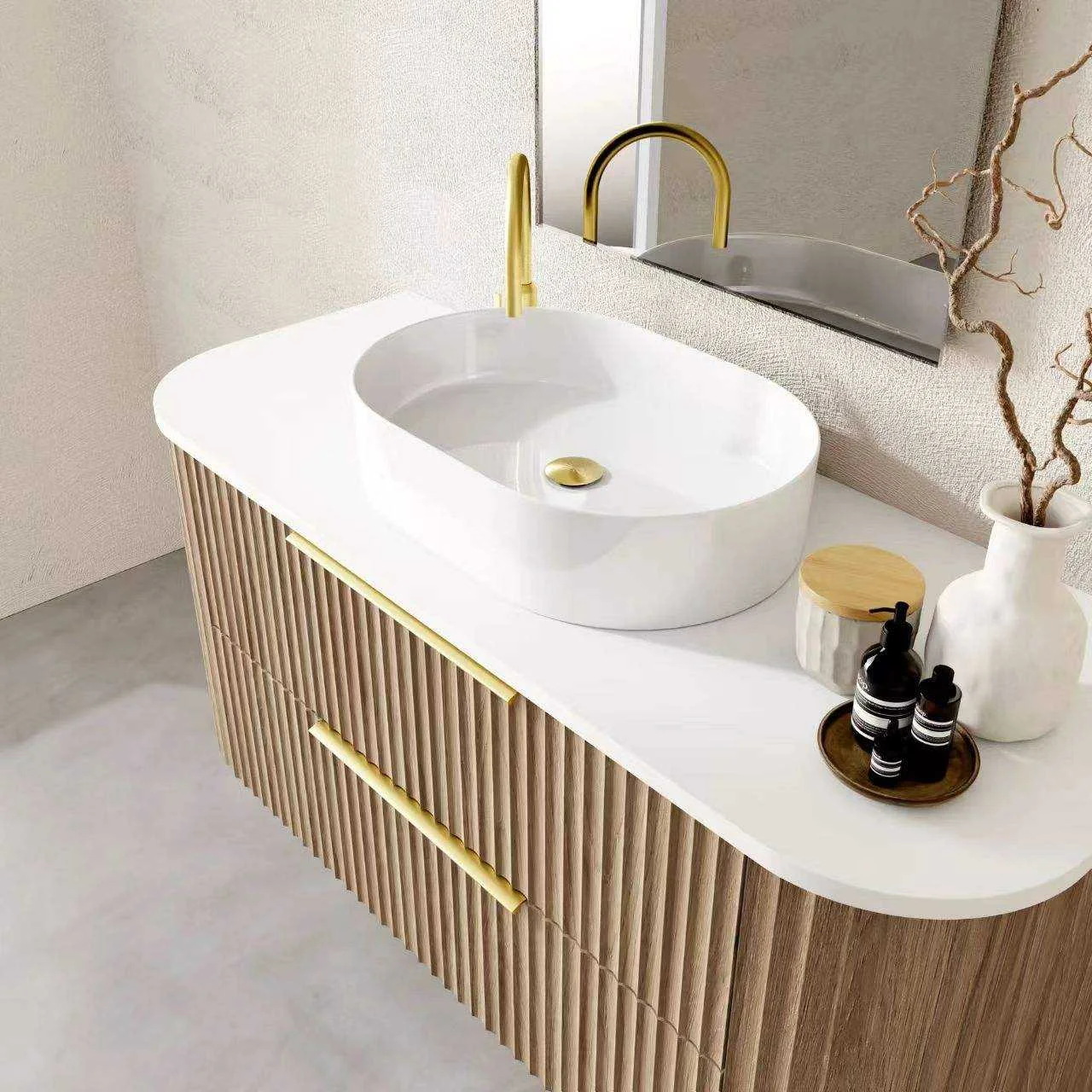 Curved Floating Bathroom Vanity with Fluted Wood Finish