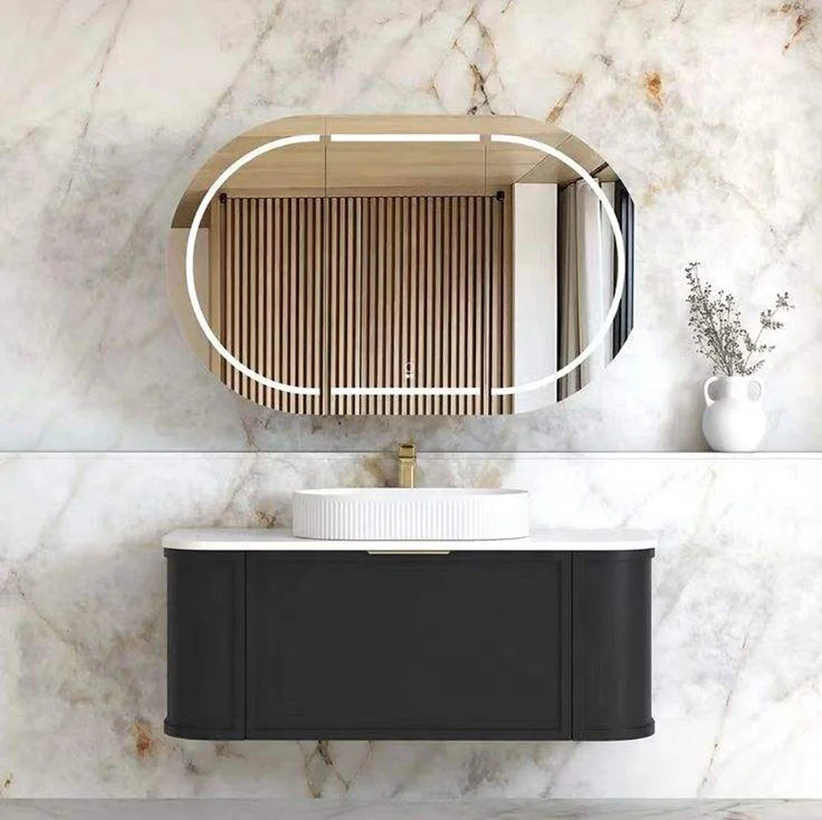 Curved Floating Bathroom Vanity with Fluted Wood Finish