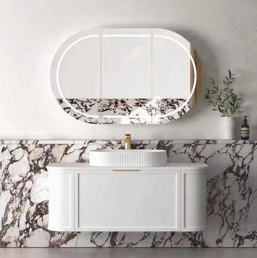 Curved Floating Bathroom Vanity with Fluted Wood Finish