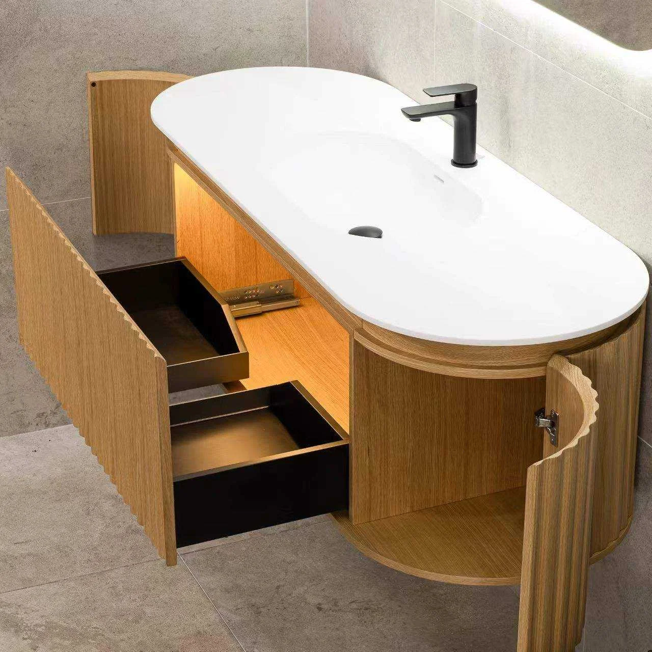 Curved Floating Bathroom Vanity with Fluted Wood Finish