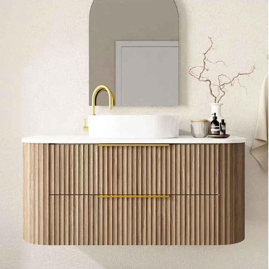 Curved Floating Bathroom Vanity with Fluted Wood Finish