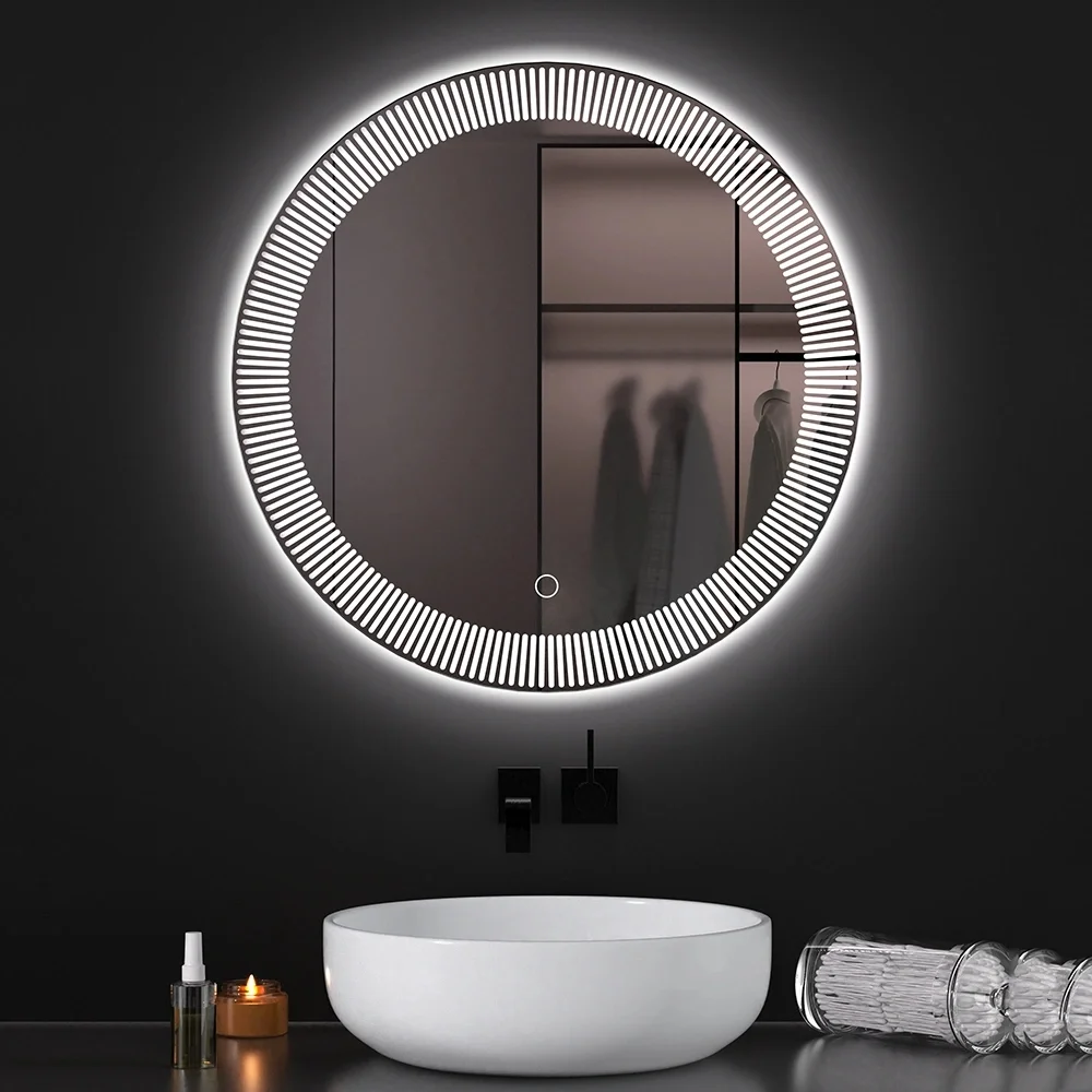 Decorative Round LED Bathroom Mirror with Sunburst Light Frame
