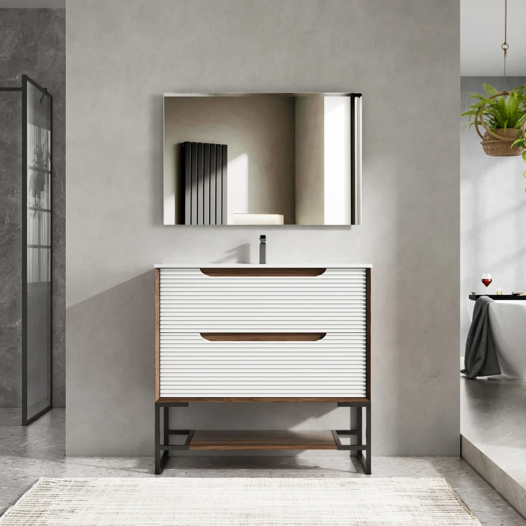 Fluted Freestanding Bathroom Vanity with Double Drawers and Open Shelf