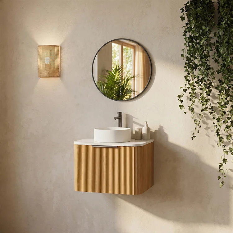 Fluted Oak Floating Bathroom Vanity with Rounded Design