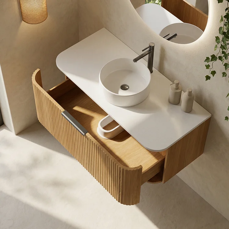 Fluted Oak Floating Bathroom Vanity with Rounded Design