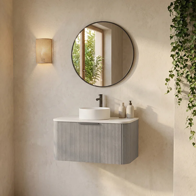 Fluted Oak Floating Bathroom Vanity with Rounded Design