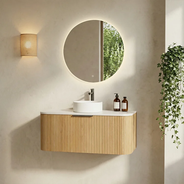 Fluted Oak Floating Bathroom Vanity with Rounded Design