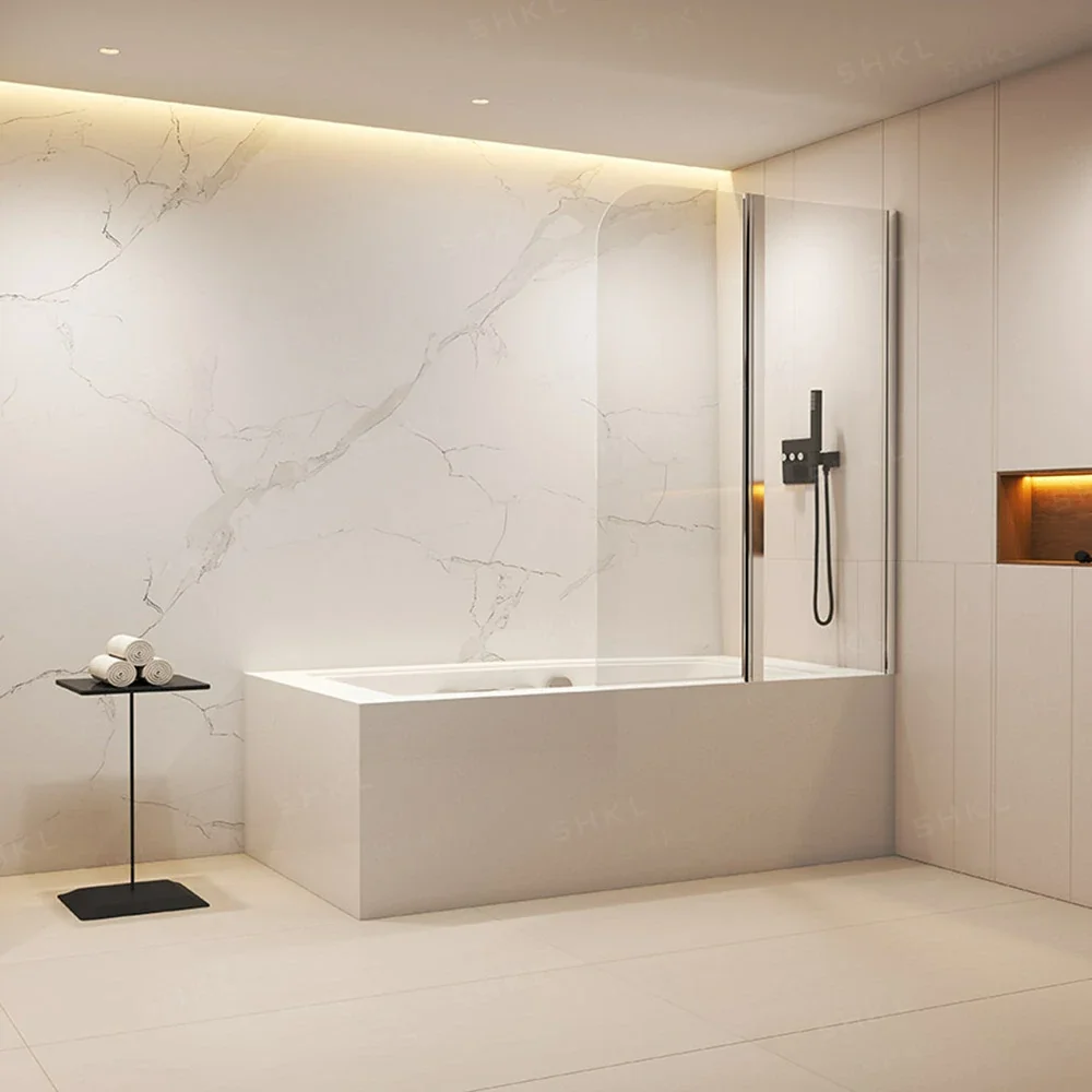 Frameless Pivot Bathtub Shower Door, 180° Opening, Aluminum Alloy