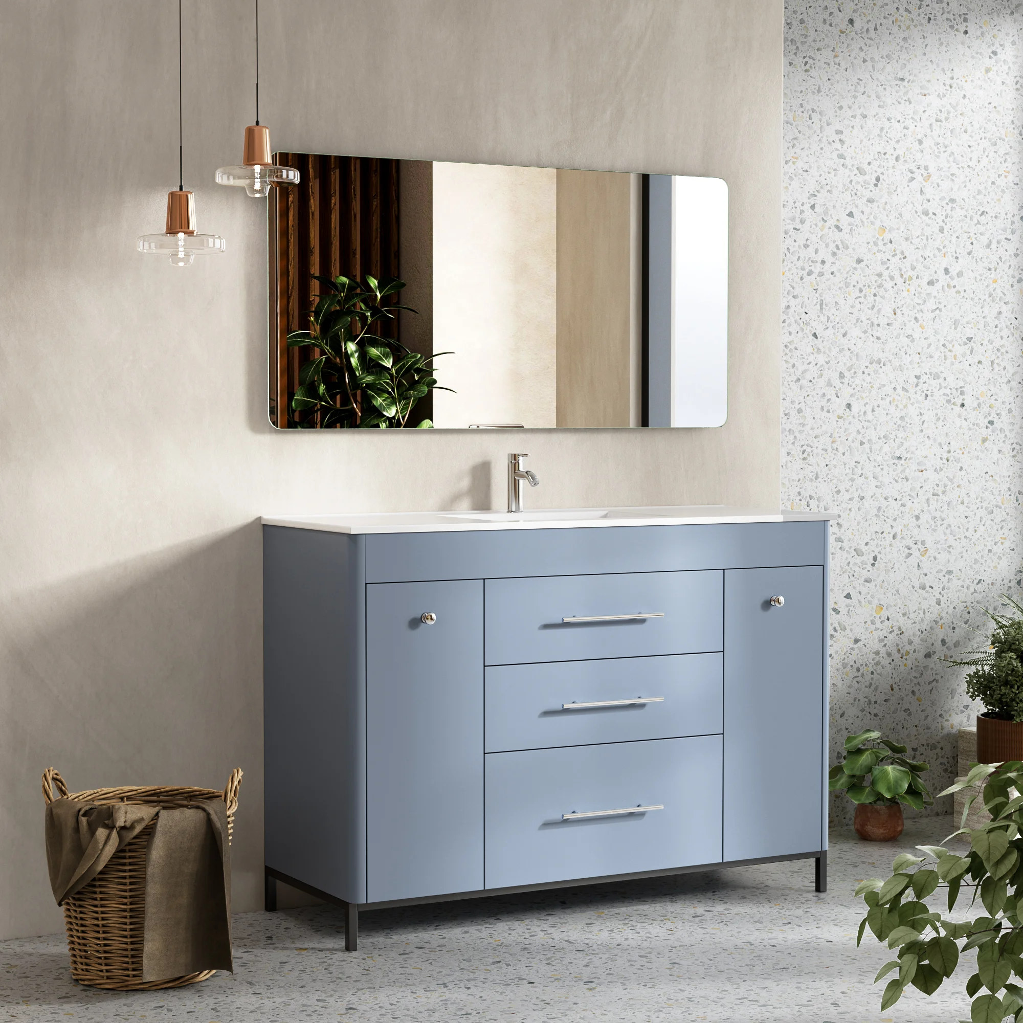 Grey Blue Freestanding Bathroom Vanity with Double Sink and Storage Cabinets