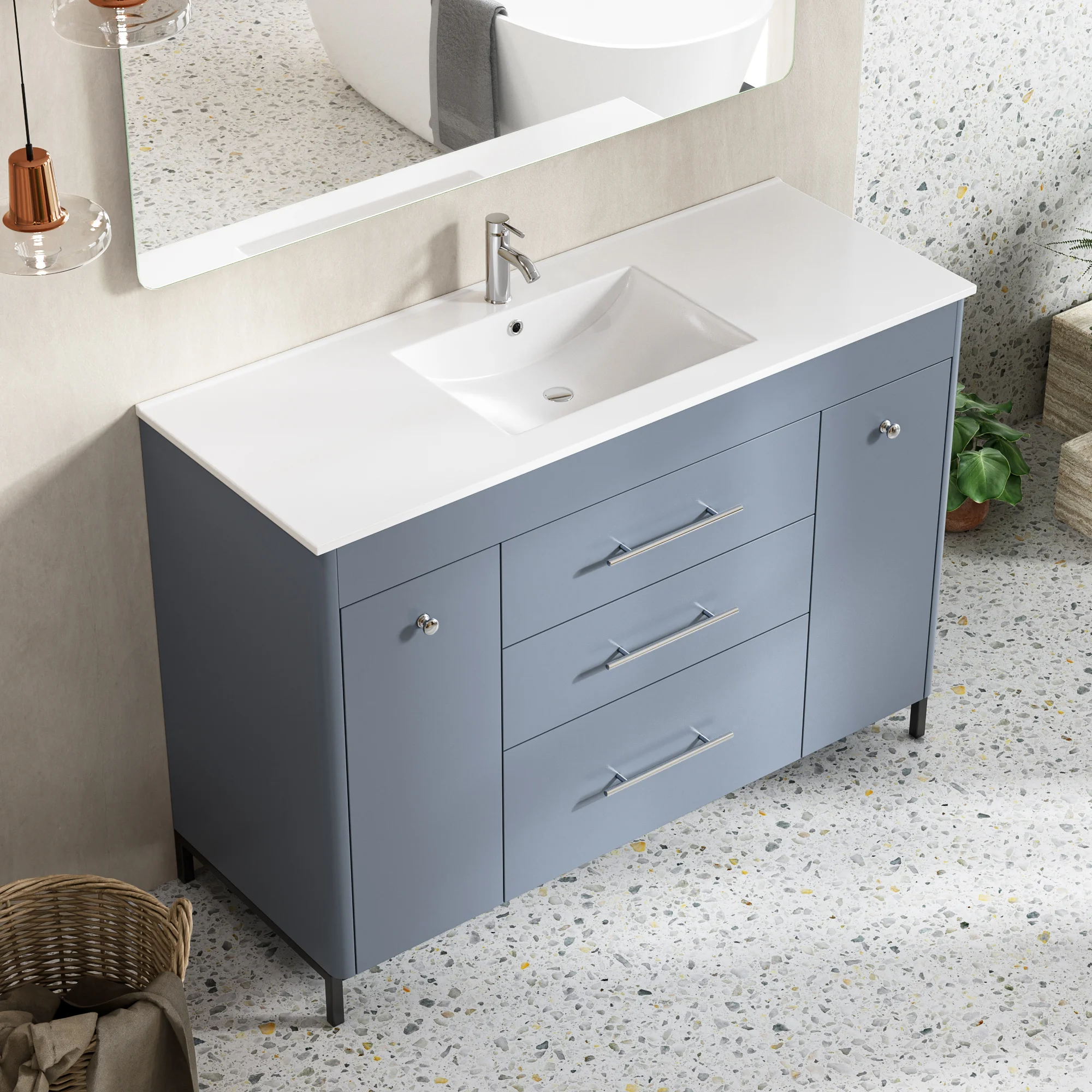 Grey Blue Freestanding Bathroom Vanity with Double Sink and Storage Cabinets
