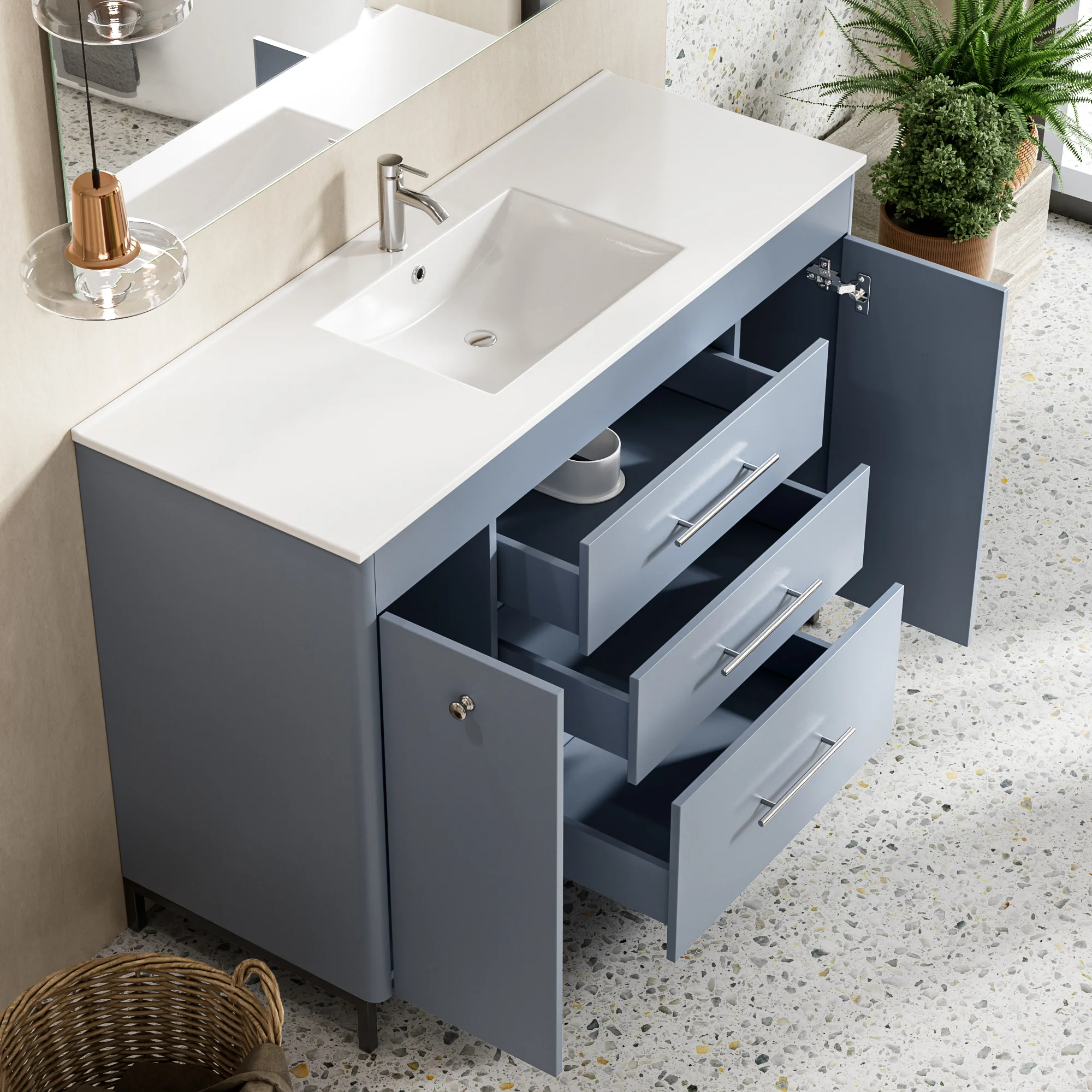 Grey Blue Freestanding Bathroom Vanity with Double Sink and Storage Cabinets