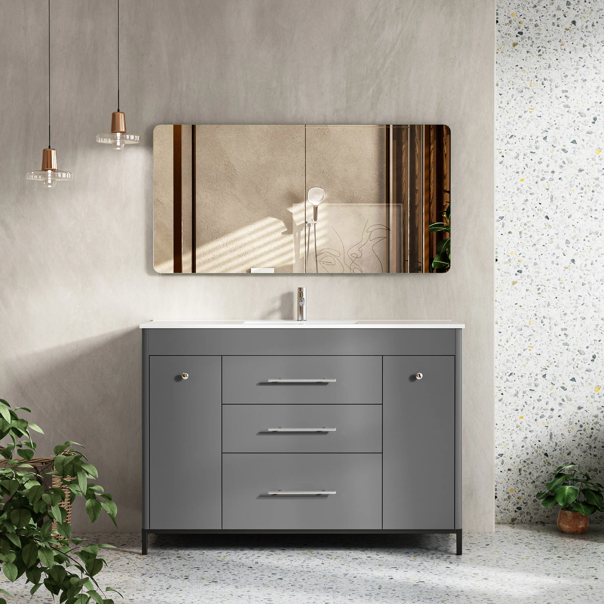 Grey Blue Freestanding Bathroom Vanity with Double Sink and Storage Cabinets