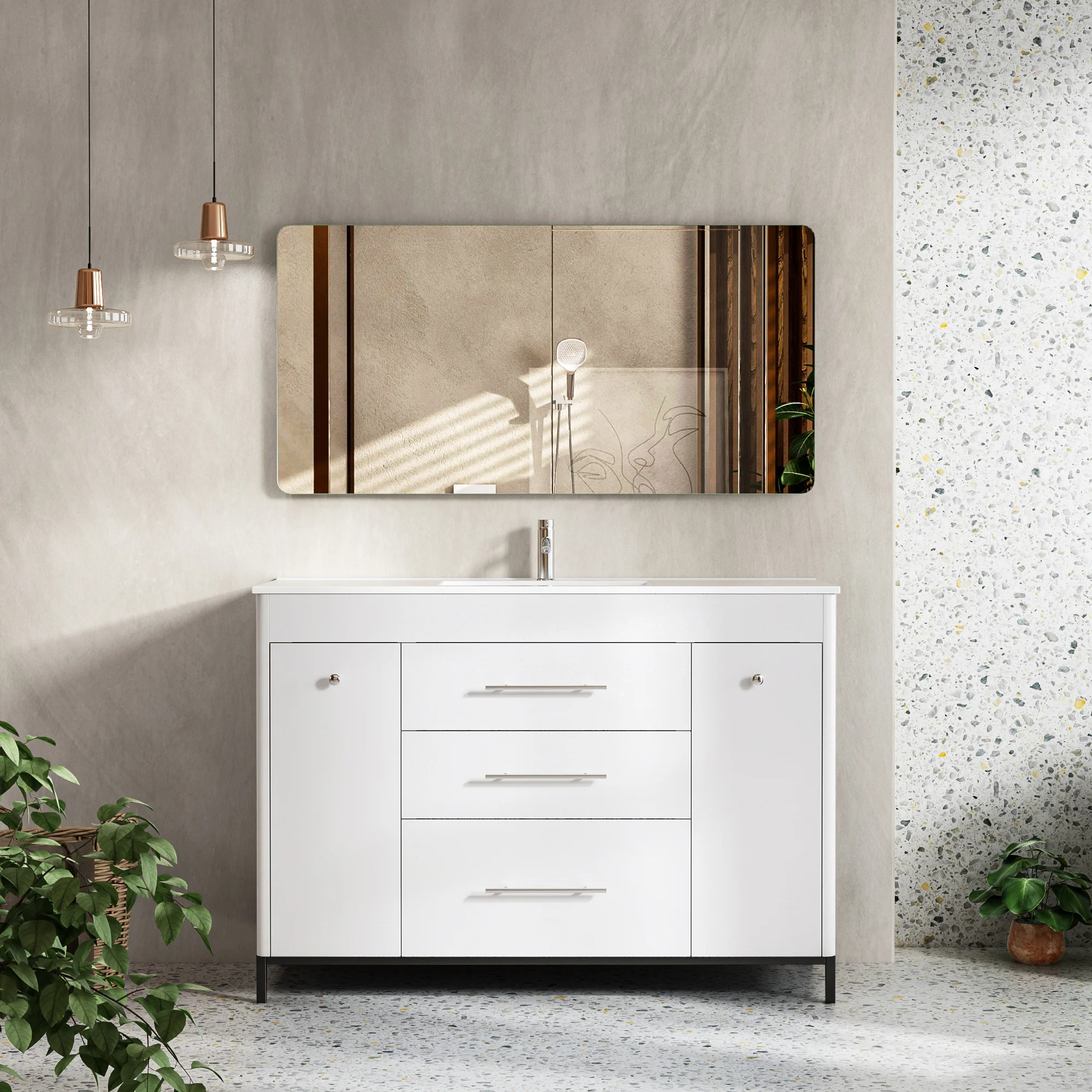 Grey Blue Freestanding Bathroom Vanity with Double Sink and Storage Cabinets
