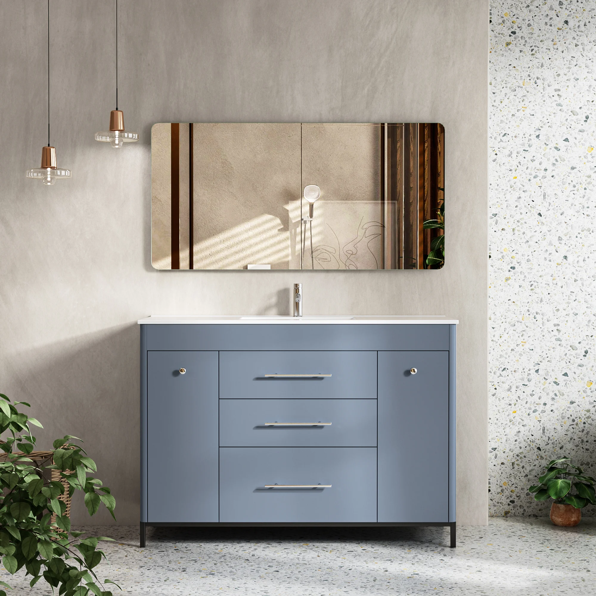 Grey Blue Freestanding Bathroom Vanity with Double Sink and Storage Cabinets