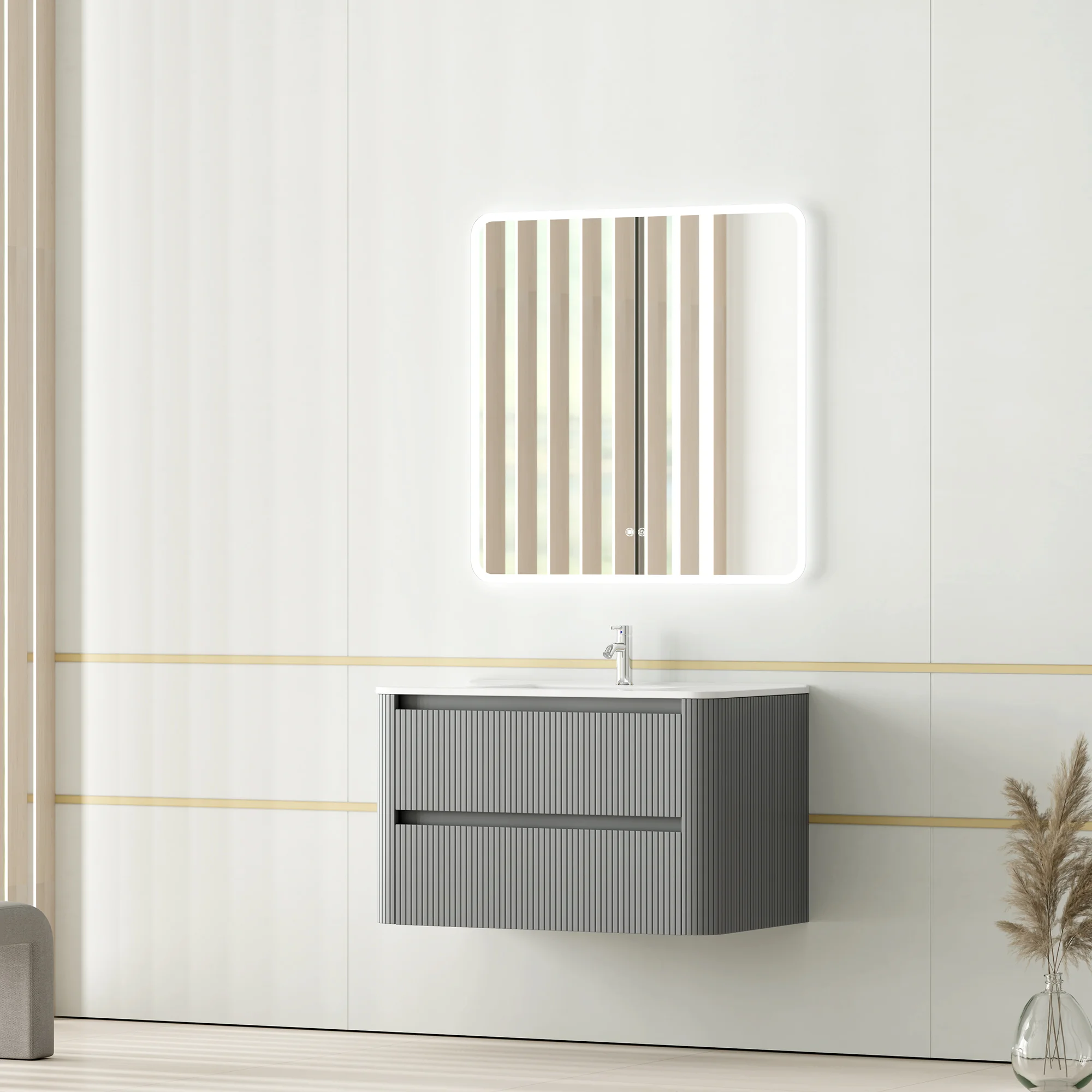 Grey Fluted Floating Bathroom Vanity with Curved Double Drawers