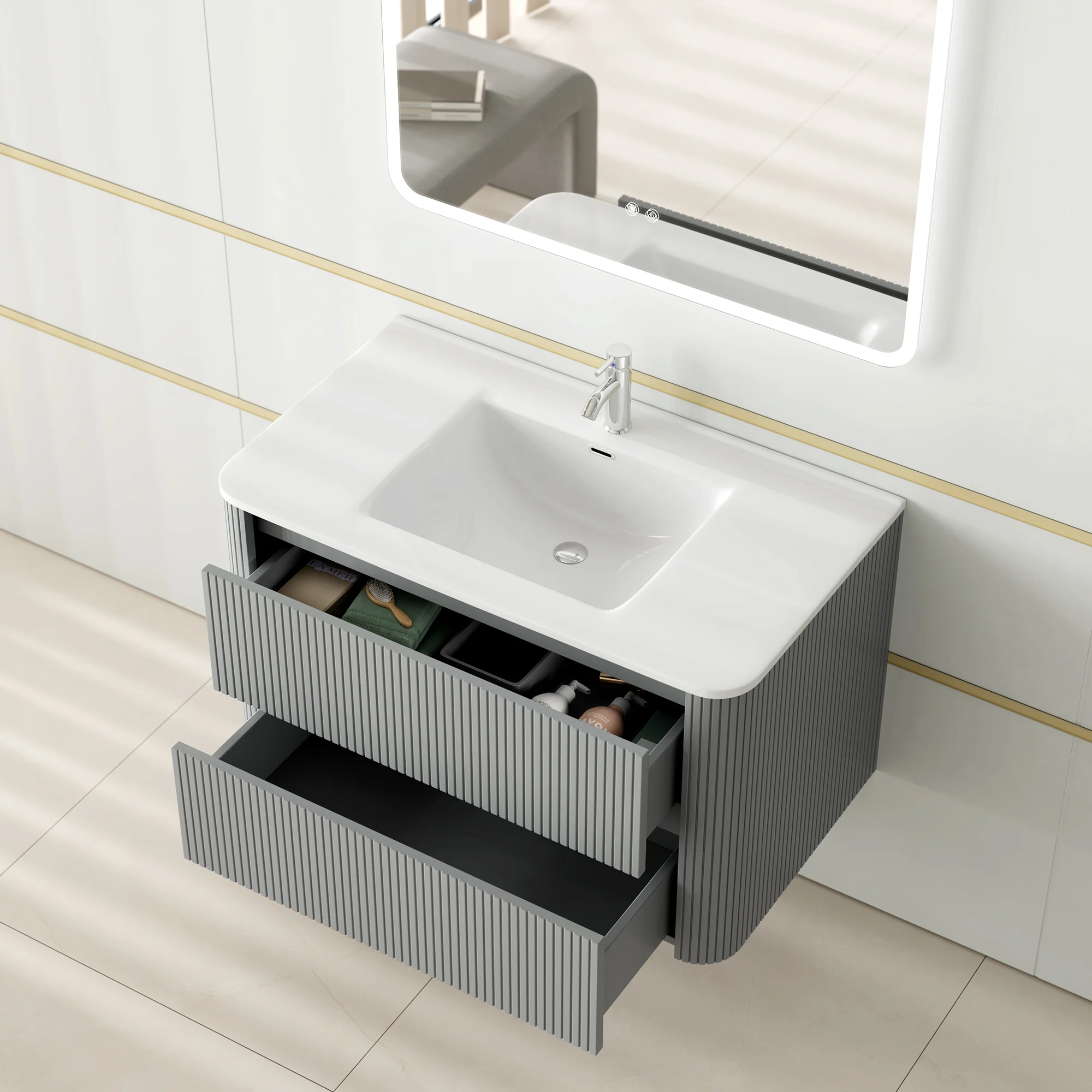 Grey Fluted Floating Bathroom Vanity with Curved Double Drawers