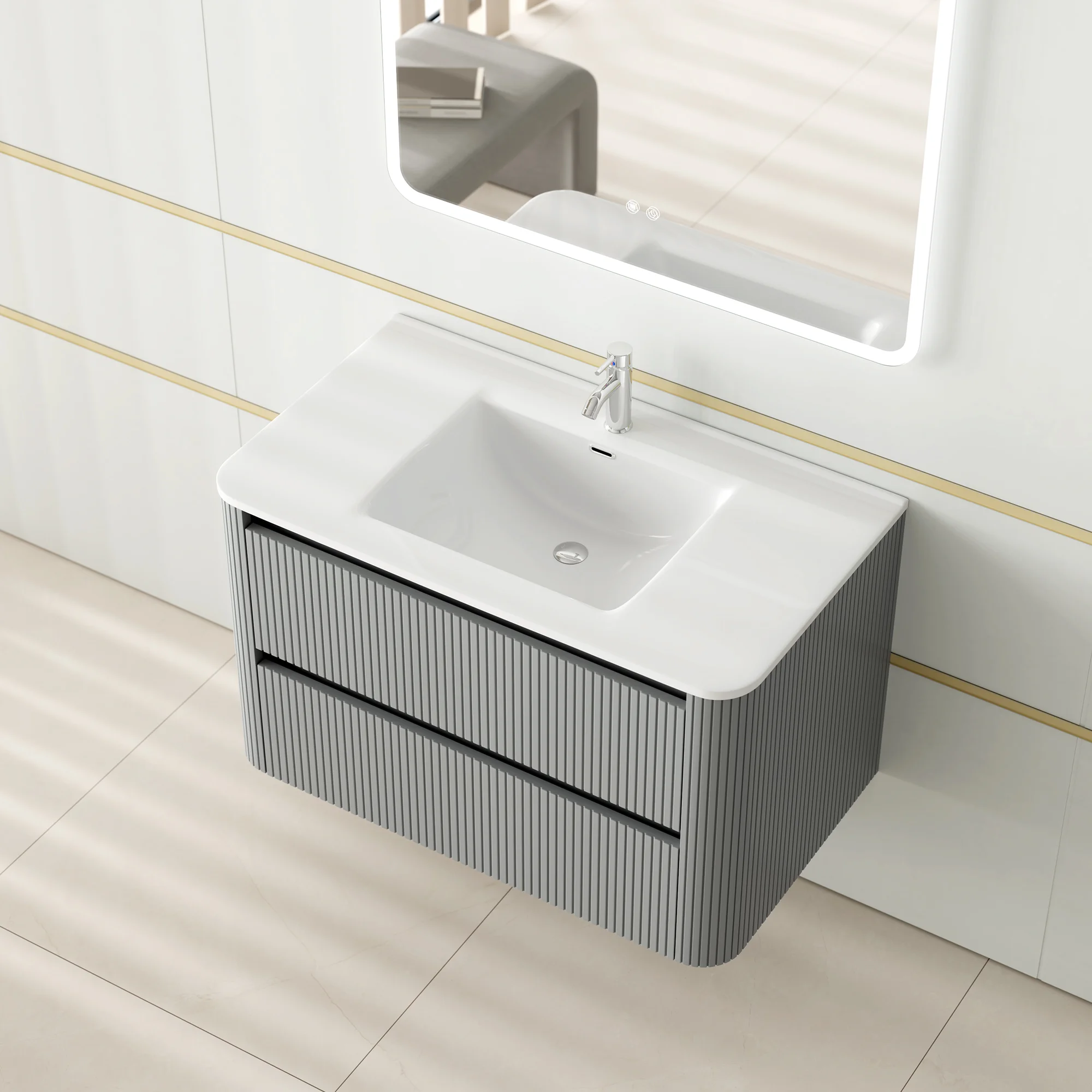 Grey Fluted Floating Bathroom Vanity with Curved Double Drawers