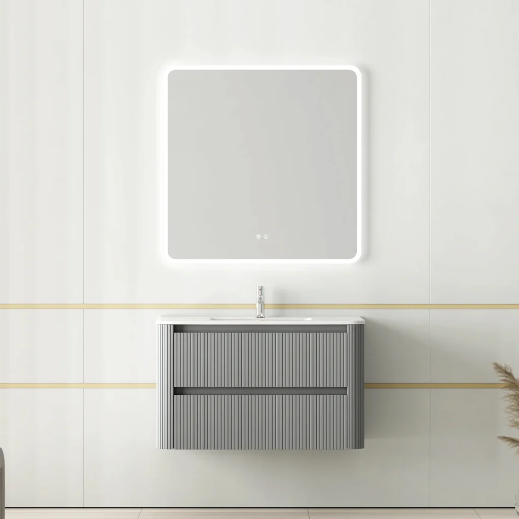 Grey Fluted Floating Bathroom Vanity with Curved Double Drawers
