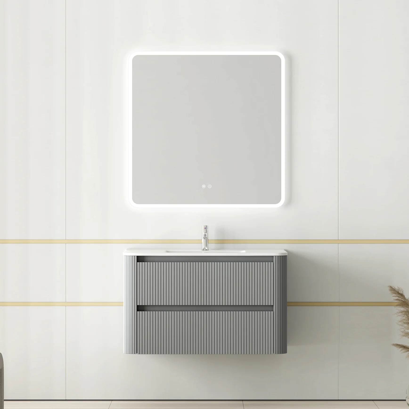 Grey Fluted Floating Bathroom Vanity with Curved Double Drawers