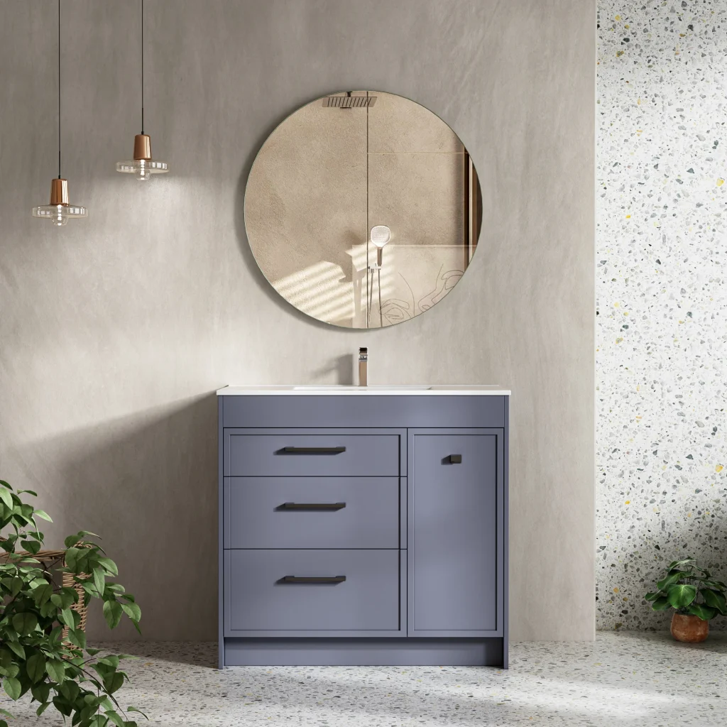 Grey Freestanding Bathroom Vanity with Three Drawers and Side Cabinet