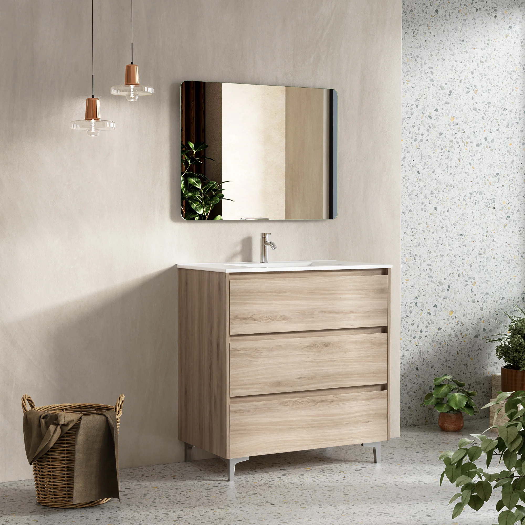 Light Oak Freestanding Bathroom Vanity with Three Drawers