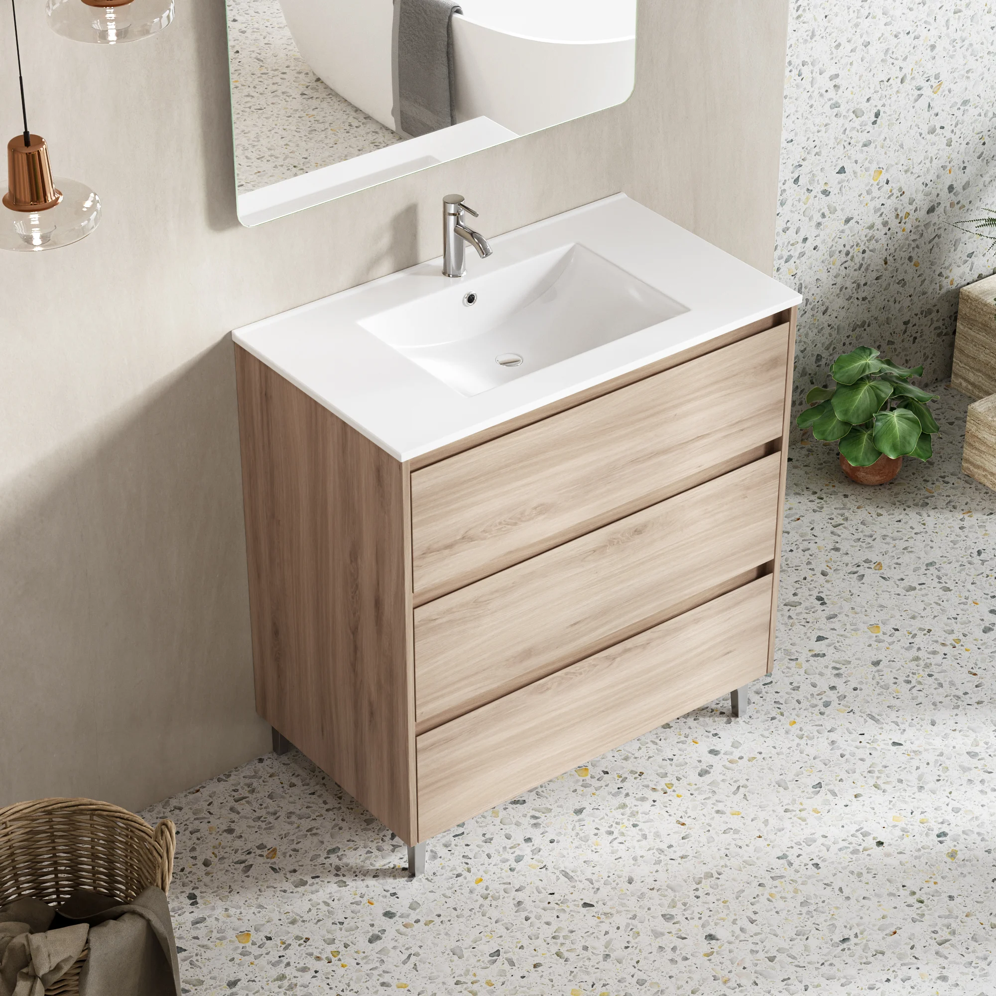 Light Oak Freestanding Bathroom Vanity with Three Drawers