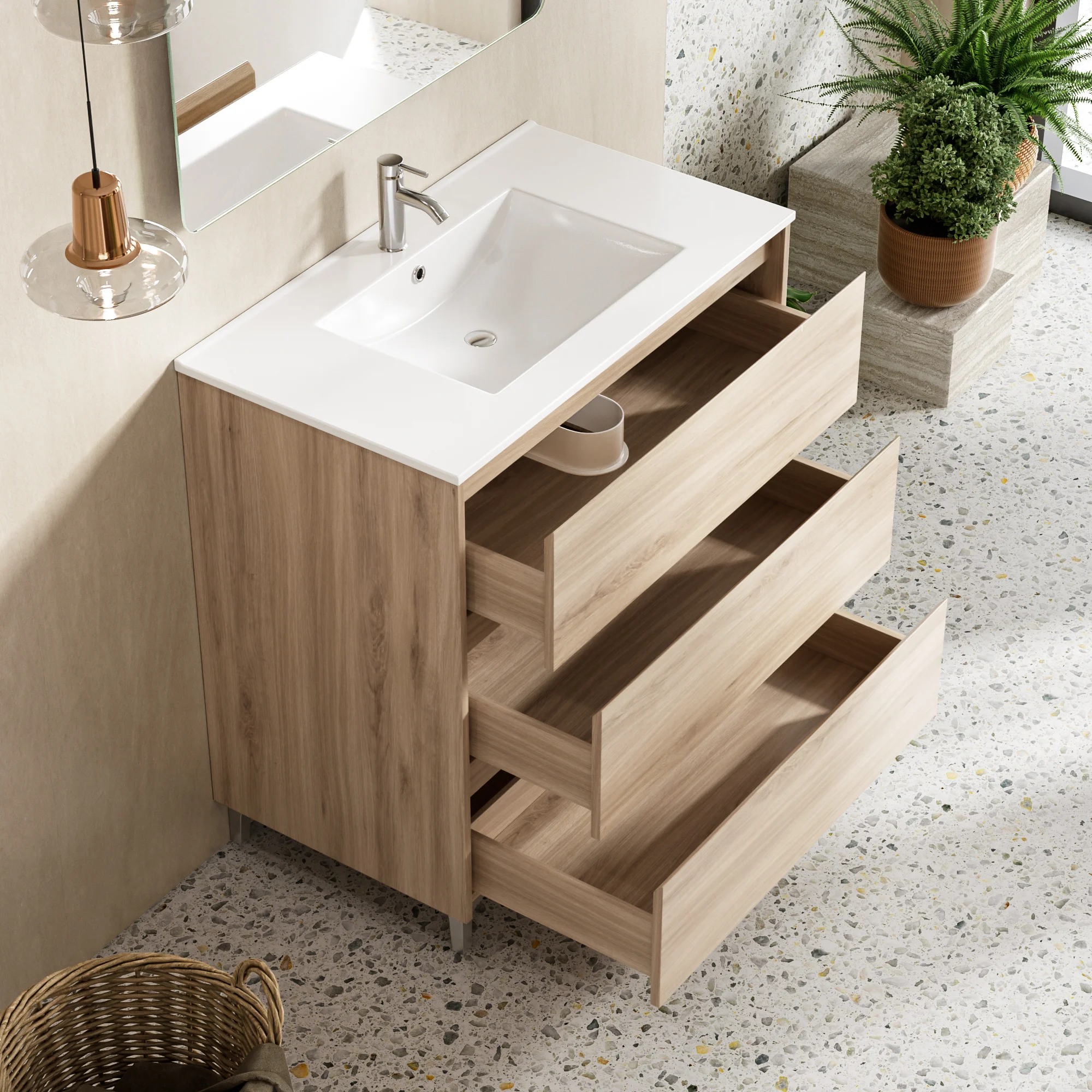 Light Oak Freestanding Bathroom Vanity with Three Drawers