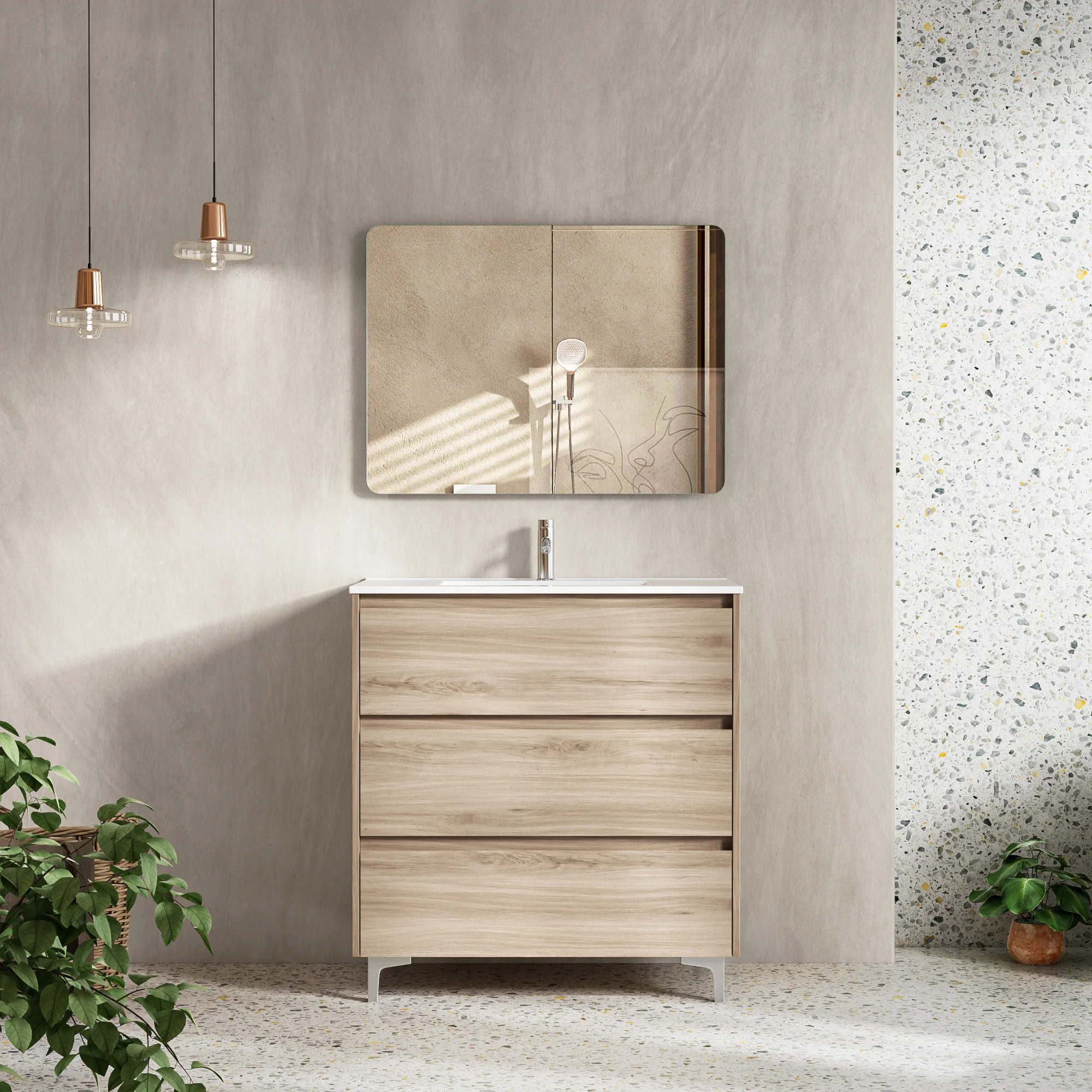 Light Oak Freestanding Bathroom Vanity with Three Drawers