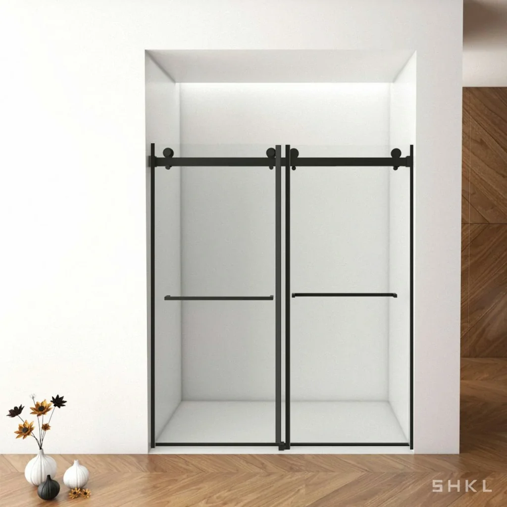 Matte Black Frameless Double Sliding Shower Door, 10mm Tempered Glass