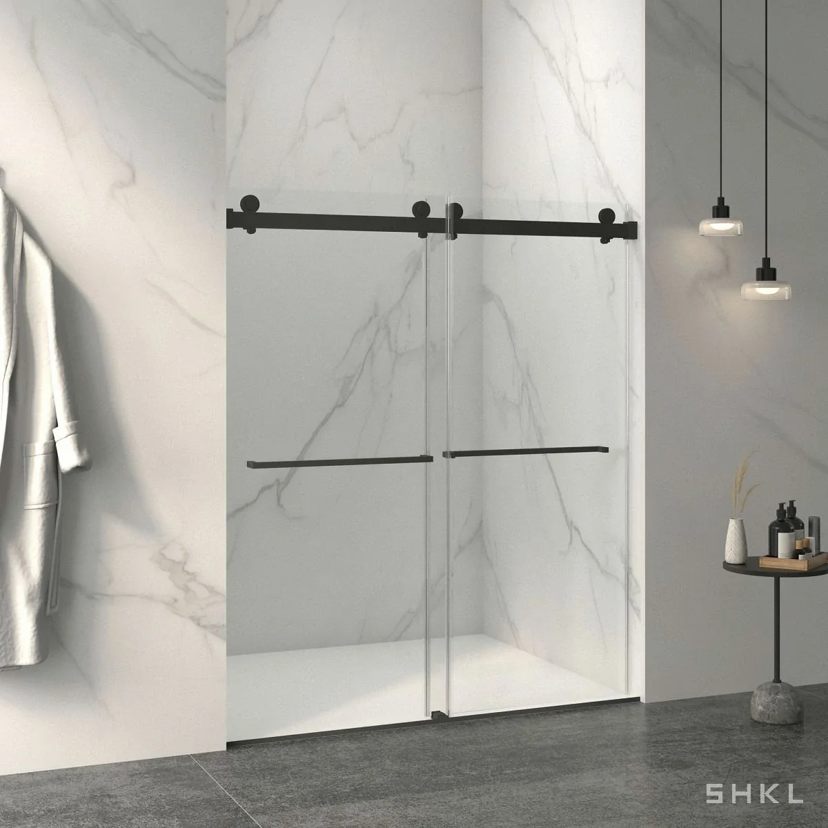 Matte Black Frameless Double Sliding Shower Door, 8mm Tempered Glass