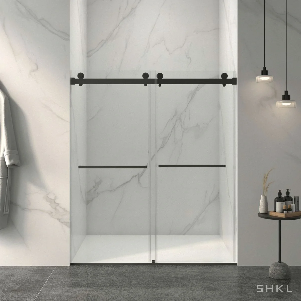 Matte Black Frameless Double Sliding Shower Door, 8mm Tempered Glass