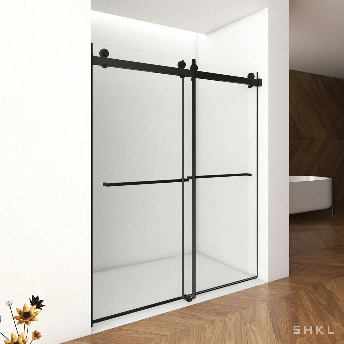Matte Black Frameless Double Sliding Shower Door, 8mm Tempered Glass