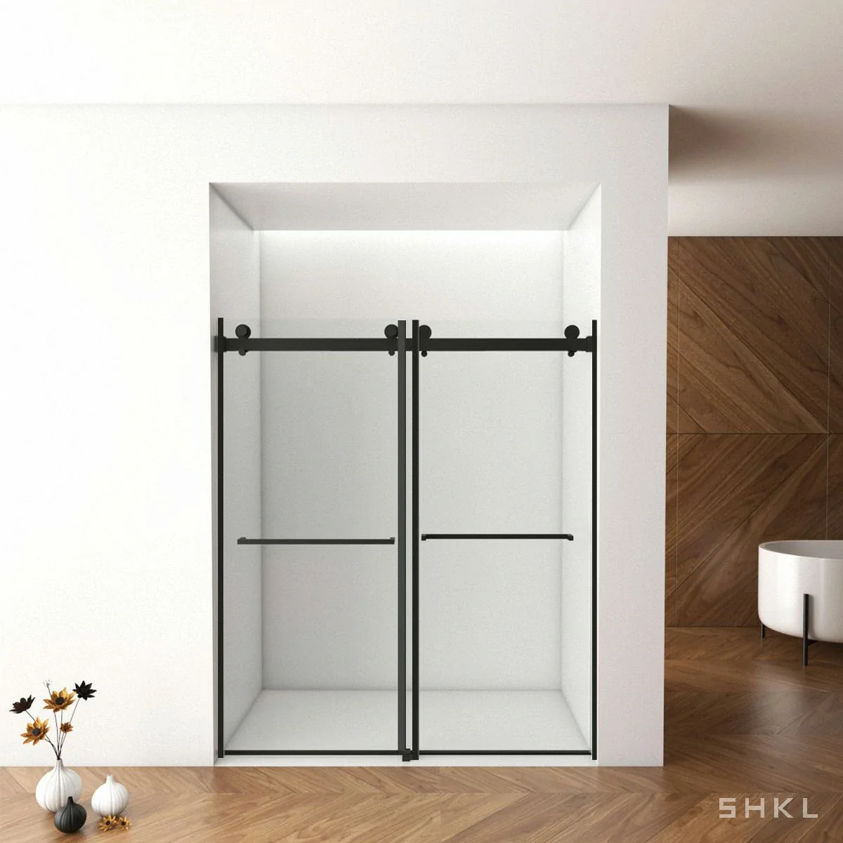 Matte Black Frameless Double Sliding Shower Door, 8mm Tempered Glass