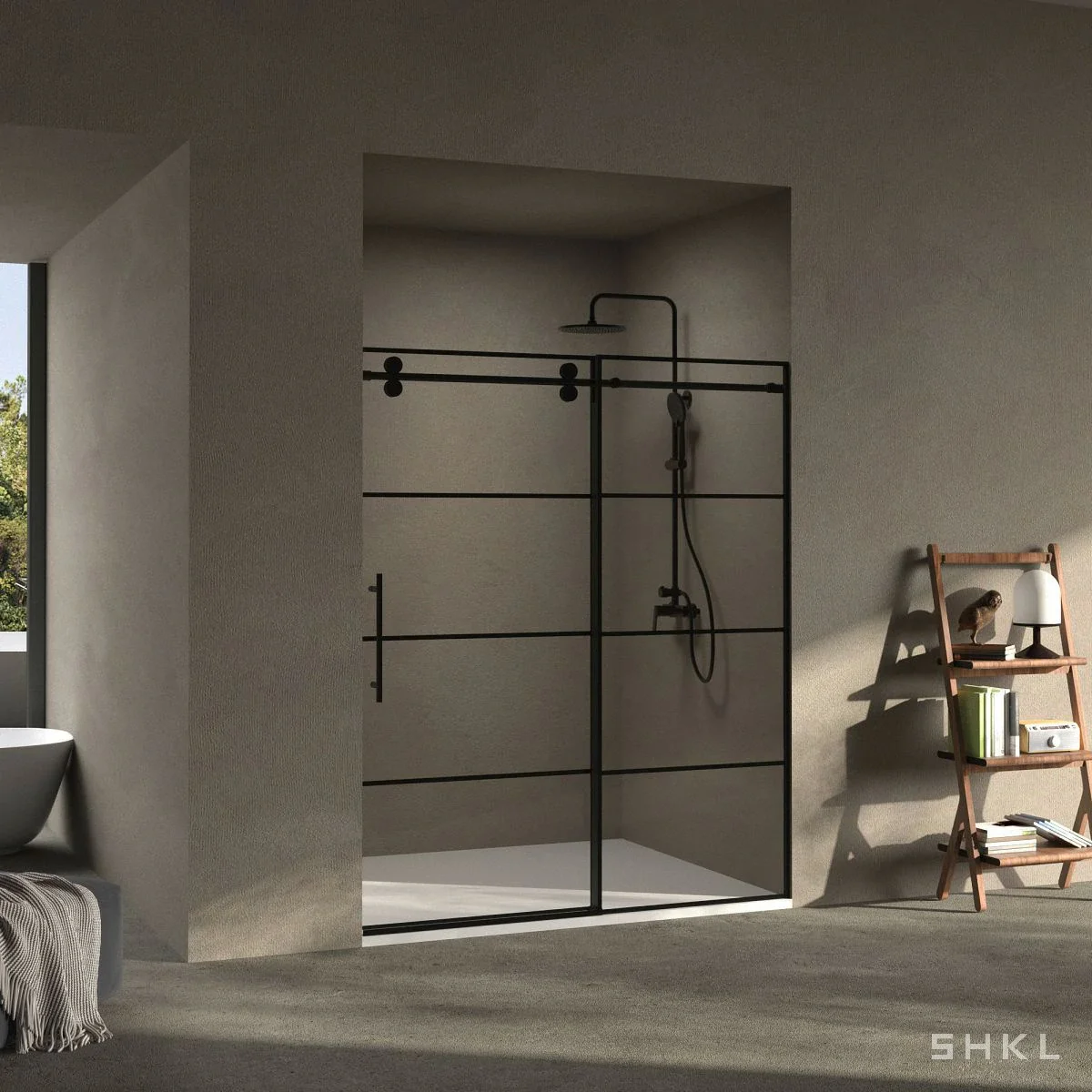Matte Black Grid Frameless Sliding Shower Door, 8mm Tempered Glass