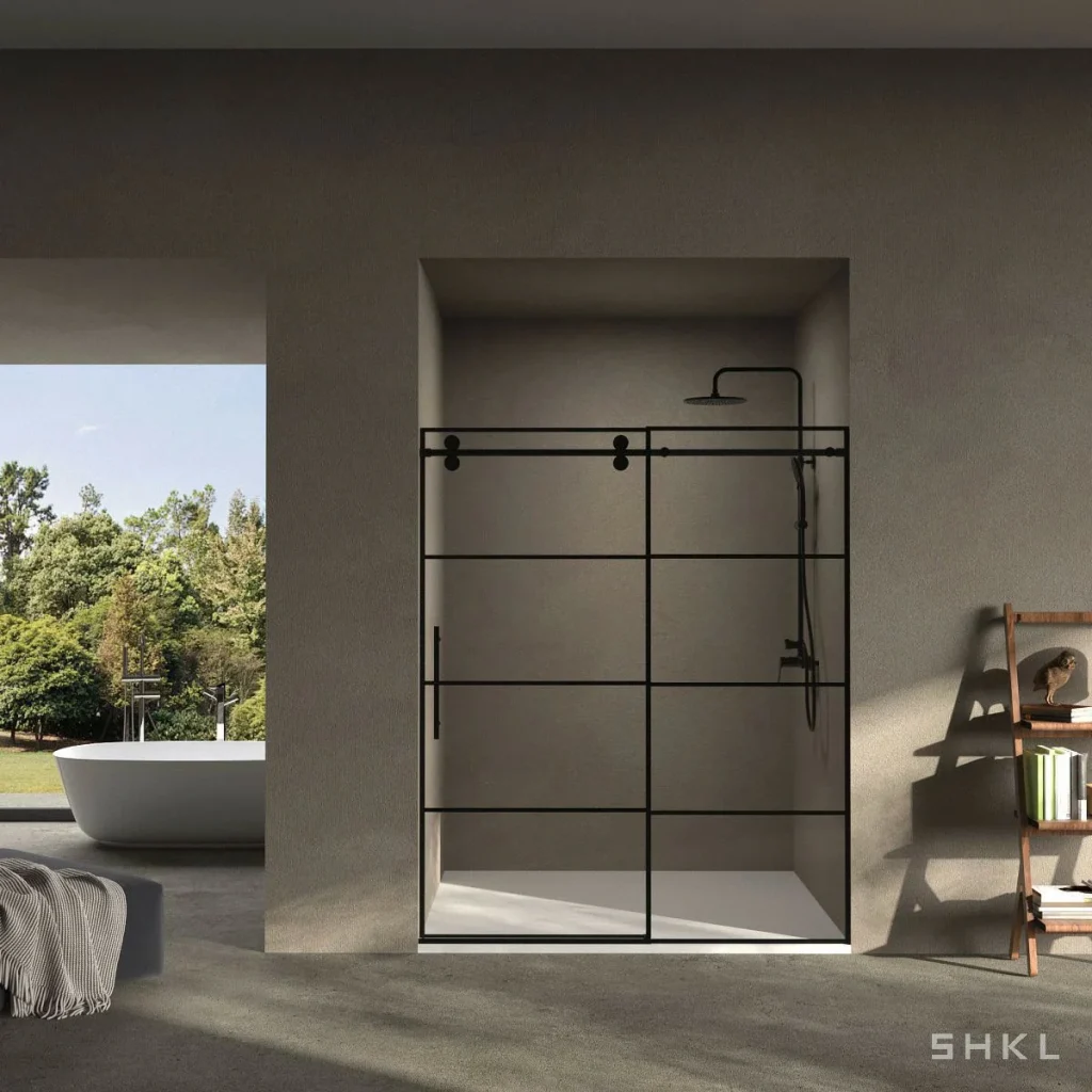 Matte Black Grid Frameless Sliding Shower Door, 8mm Tempered Glass