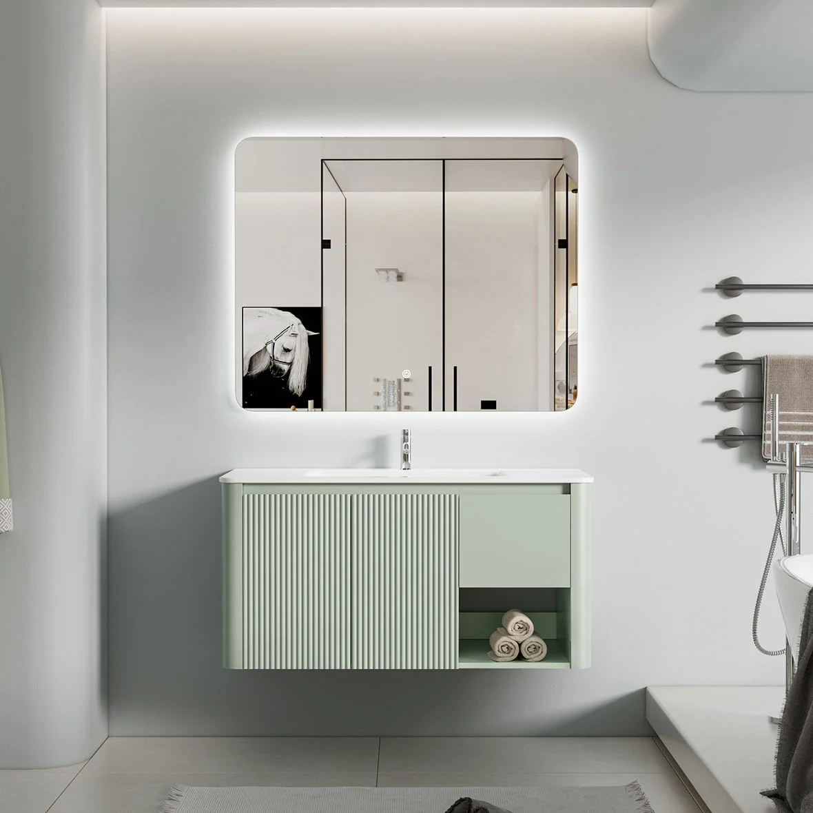 Modern Floating Bathroom Vanity with LED Mirror Cabinet