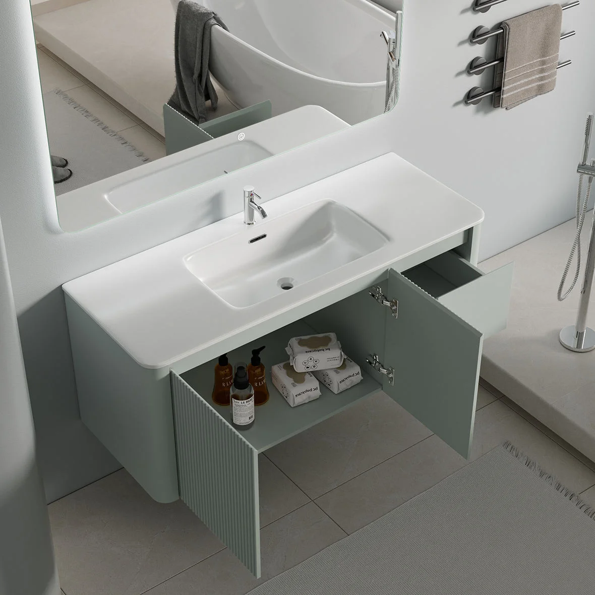 Modern Floating Bathroom Vanity with LED Mirror Cabinet
