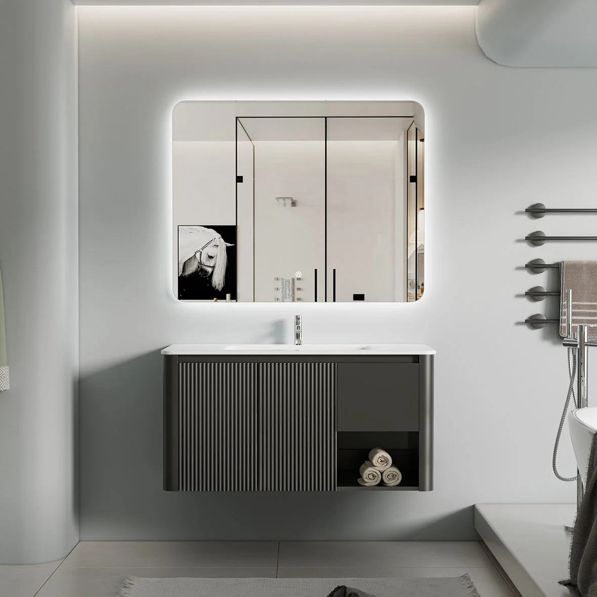 Modern Floating Bathroom Vanity with LED Mirror Cabinet