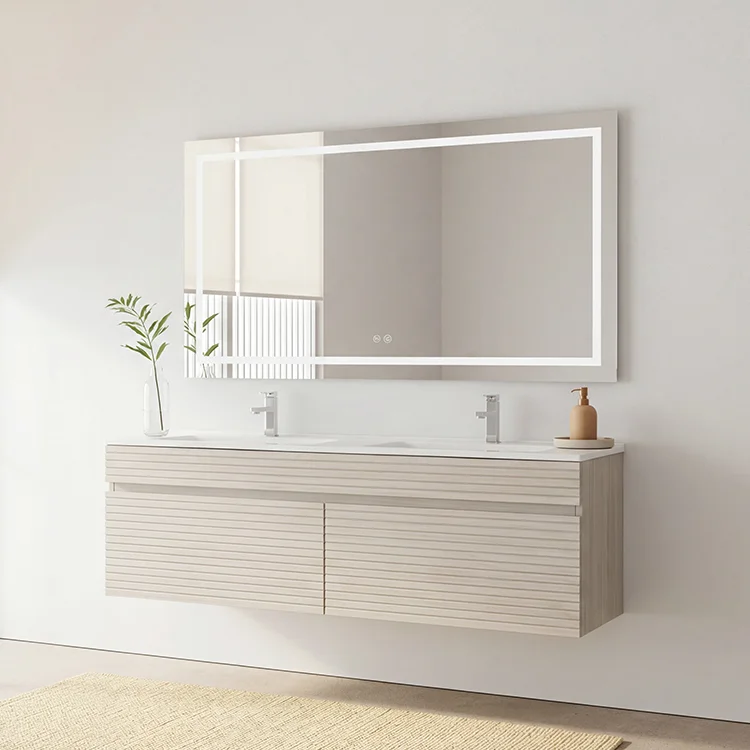 Modern Fluted Light Oak Floating Bathroom Vanity