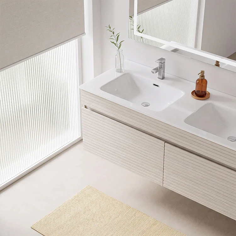 Modern Fluted Light Oak Floating Bathroom Vanity