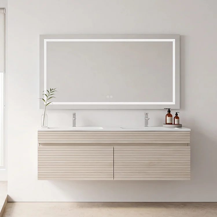 Modern Fluted Light Oak Floating Bathroom Vanity