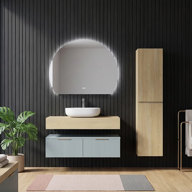 Modern Light Oak Floating Bathroom Vanity with Tall Cabinet