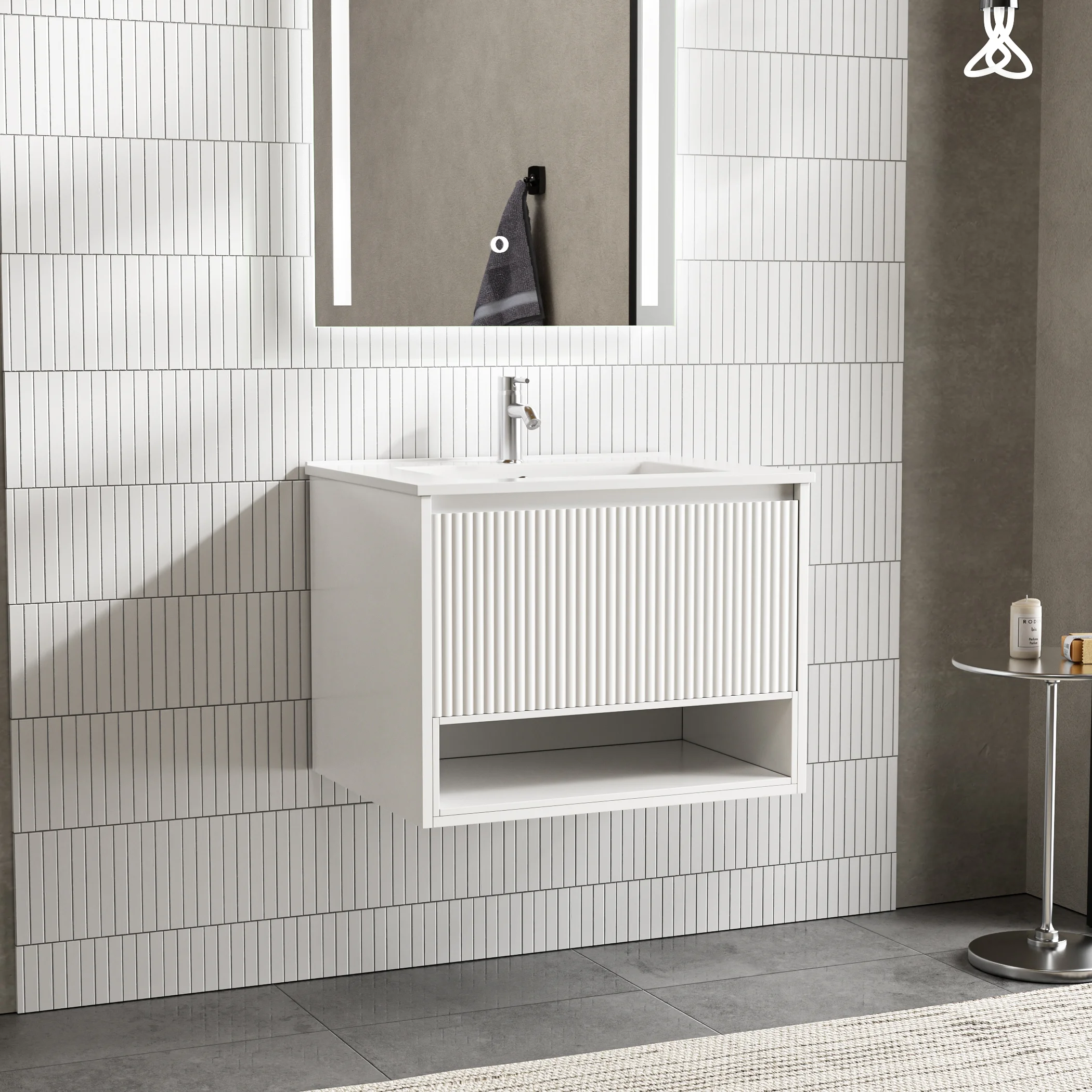 Modern Wall Mounted Bathroom Vanity with Open Shelf