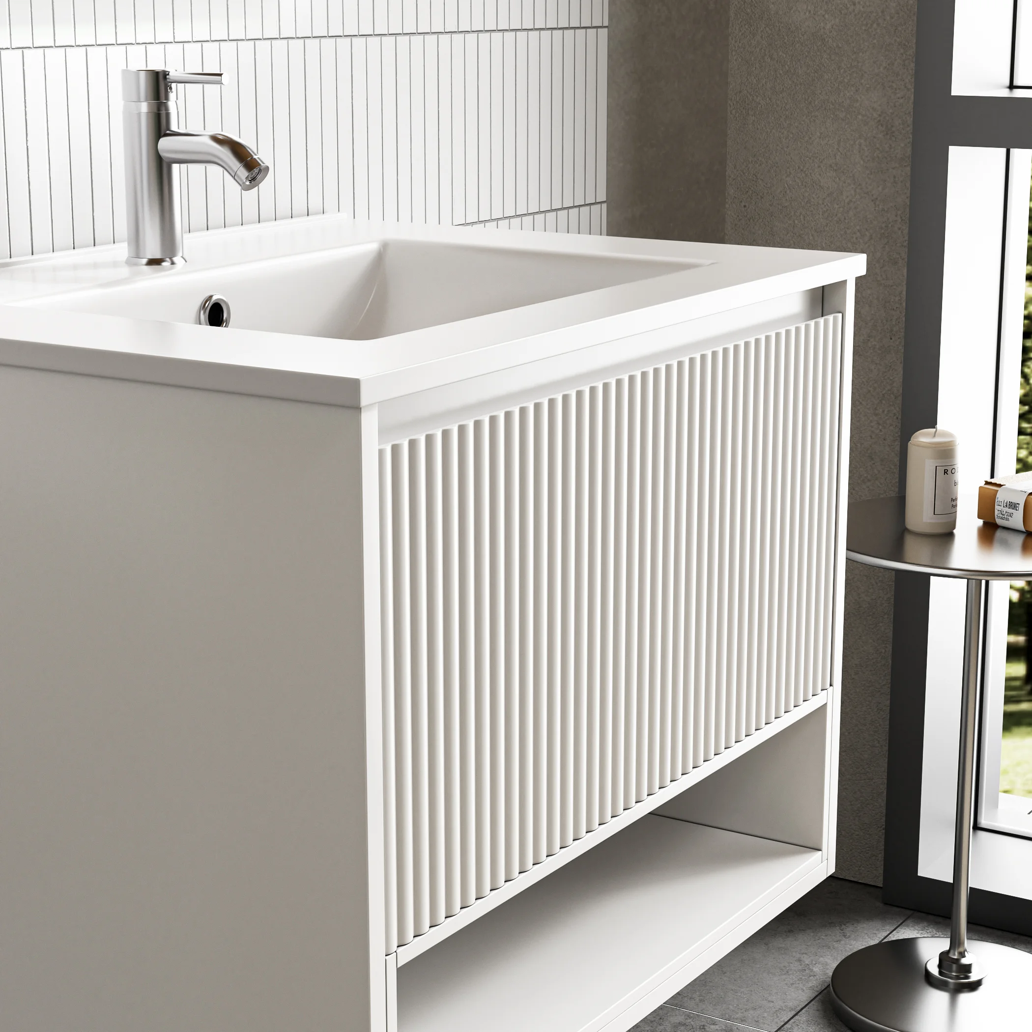 Modern Wall Mounted Bathroom Vanity with Open Shelf