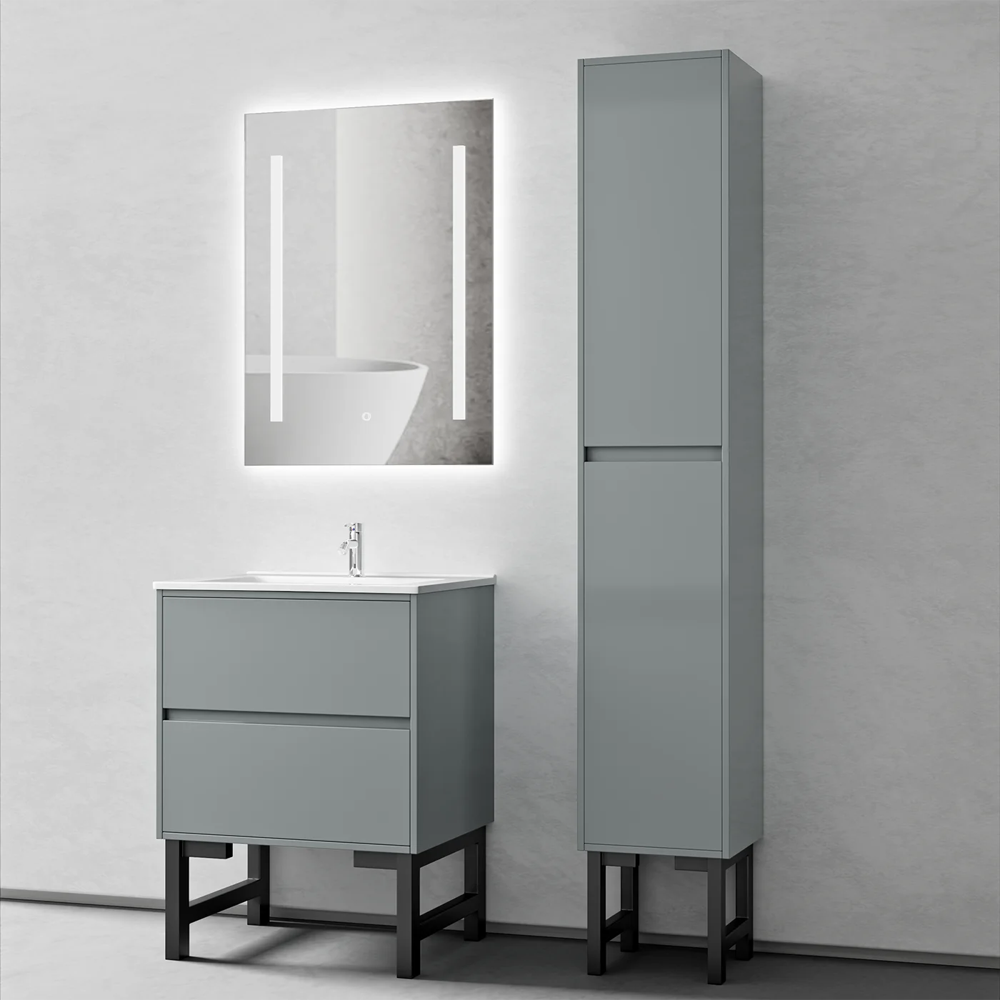 Modern Wall Mounted Double Sink Bathroom Vanity Set with Side Cabinet
