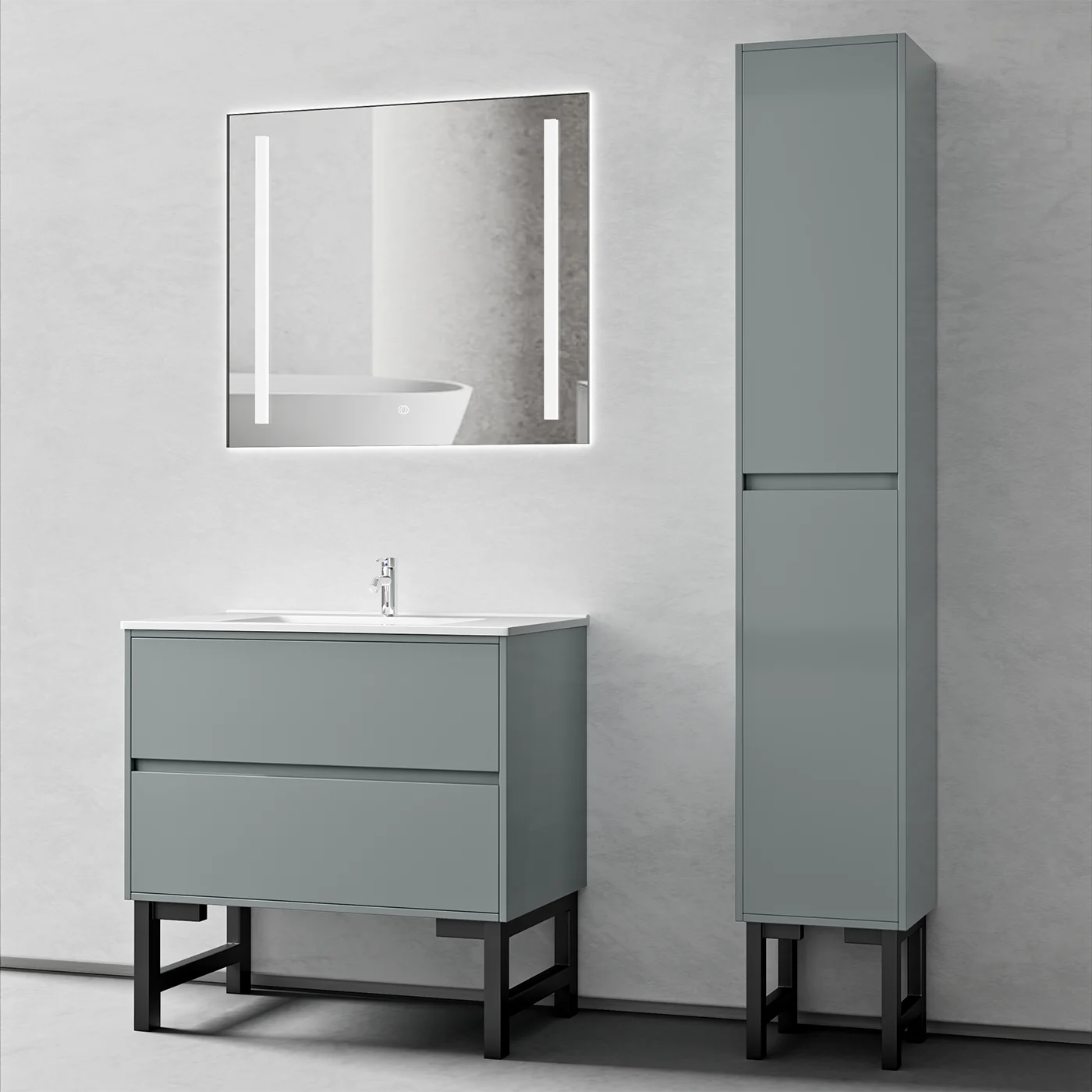 Modern Wall Mounted Double Sink Bathroom Vanity Set with Side Cabinet