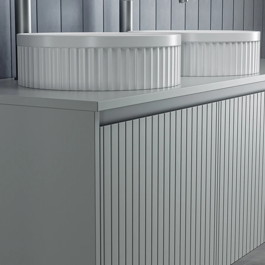 Modern Wall Mounted Fluted Double Sink Bathroom Vanity
