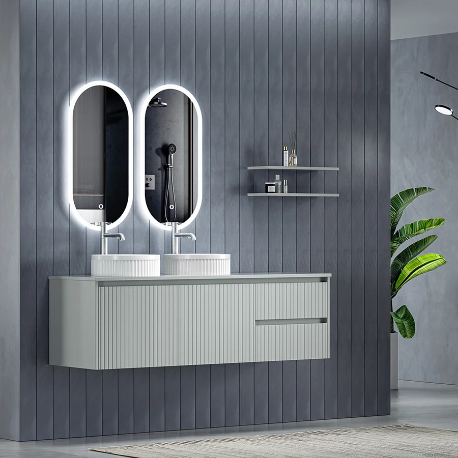 Modern Wall Mounted Fluted Double Sink Bathroom Vanity